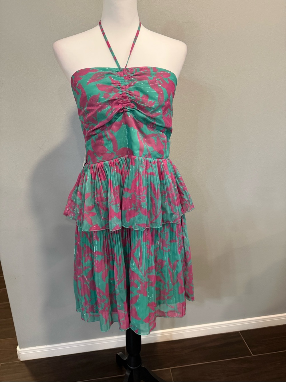 Adelyn Rae Teal and Pink Tiered Floral Dress L Brunch Cocktail Date Party Dinner
